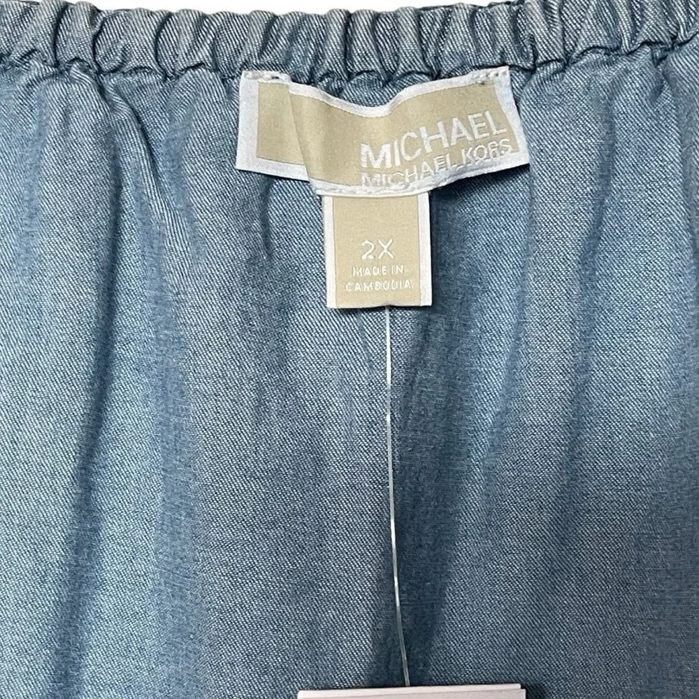 Michael Kors Top Womens 2X Off-the-shoulder Light Blue Ruffle Chambray NEW